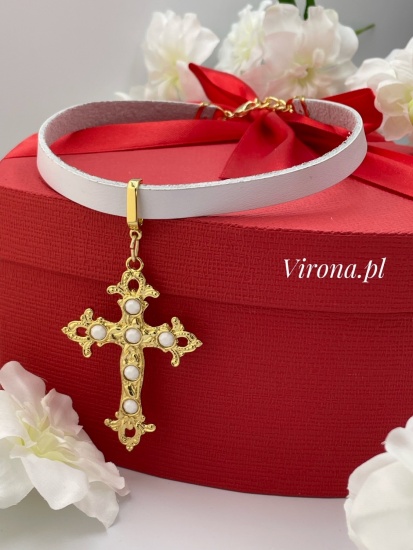 Biały Choker z krzyżem gotyckim