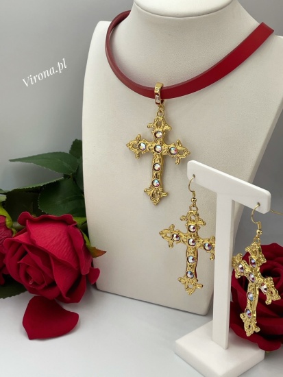 Czerwony CHOKER Z KRZYŻEM GOTYCKIM